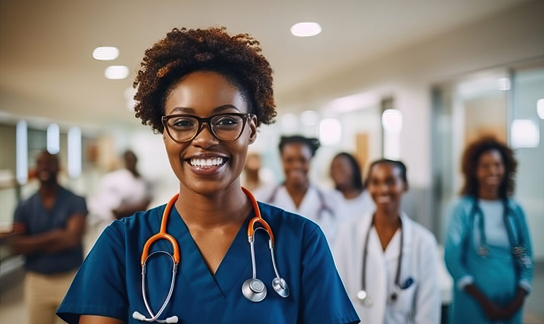 Black nurse smiling with clinical staff in the background
